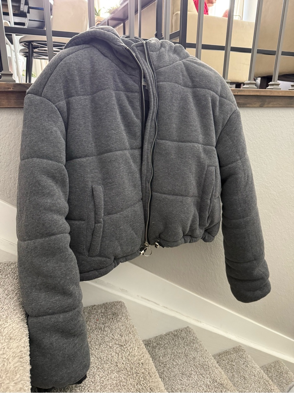 Gray Quilted Hooded Puffer Jacket
